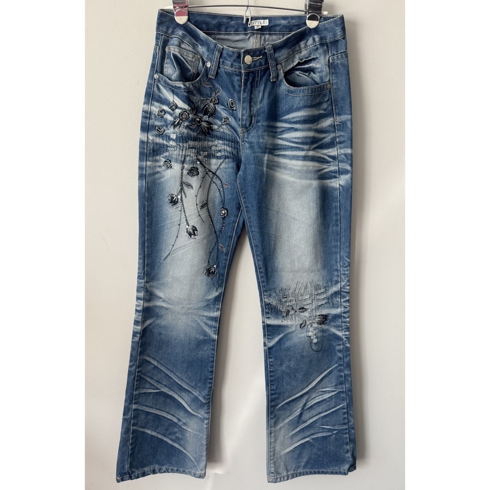 VTG Y2K Style Brand Jeans Denim Embellished Embroidered Flowers Rhinestones Sz 4